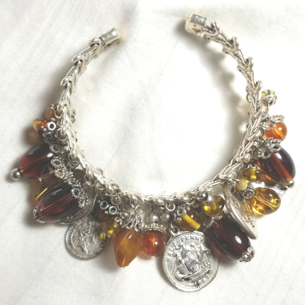 Silver Amber Coin Bead Lock Charm Bracelet